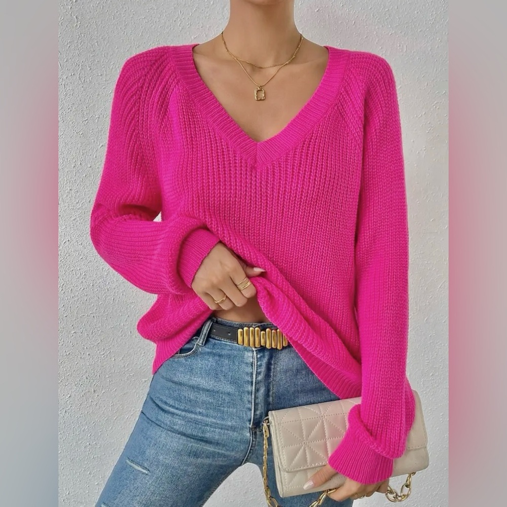LOFT Bright Fuchsia Scoop Neck Ribbed Sweater